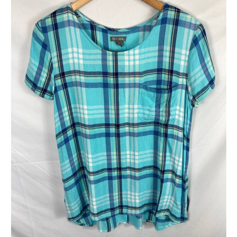 Falls Creek Plaid Split Back Short Sleeve Top Blue Size Small